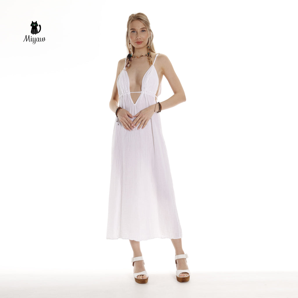 Organic Cotton Boho White Sleeveless Dress - Eco-Friendly Fashion