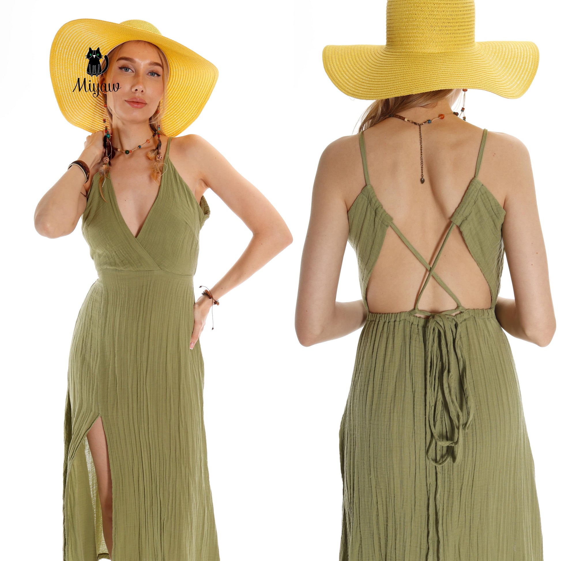 Boho Maxi Dress for Summer in V-Neck Sleeveless Style - Organic Cotton - Miyawfashion