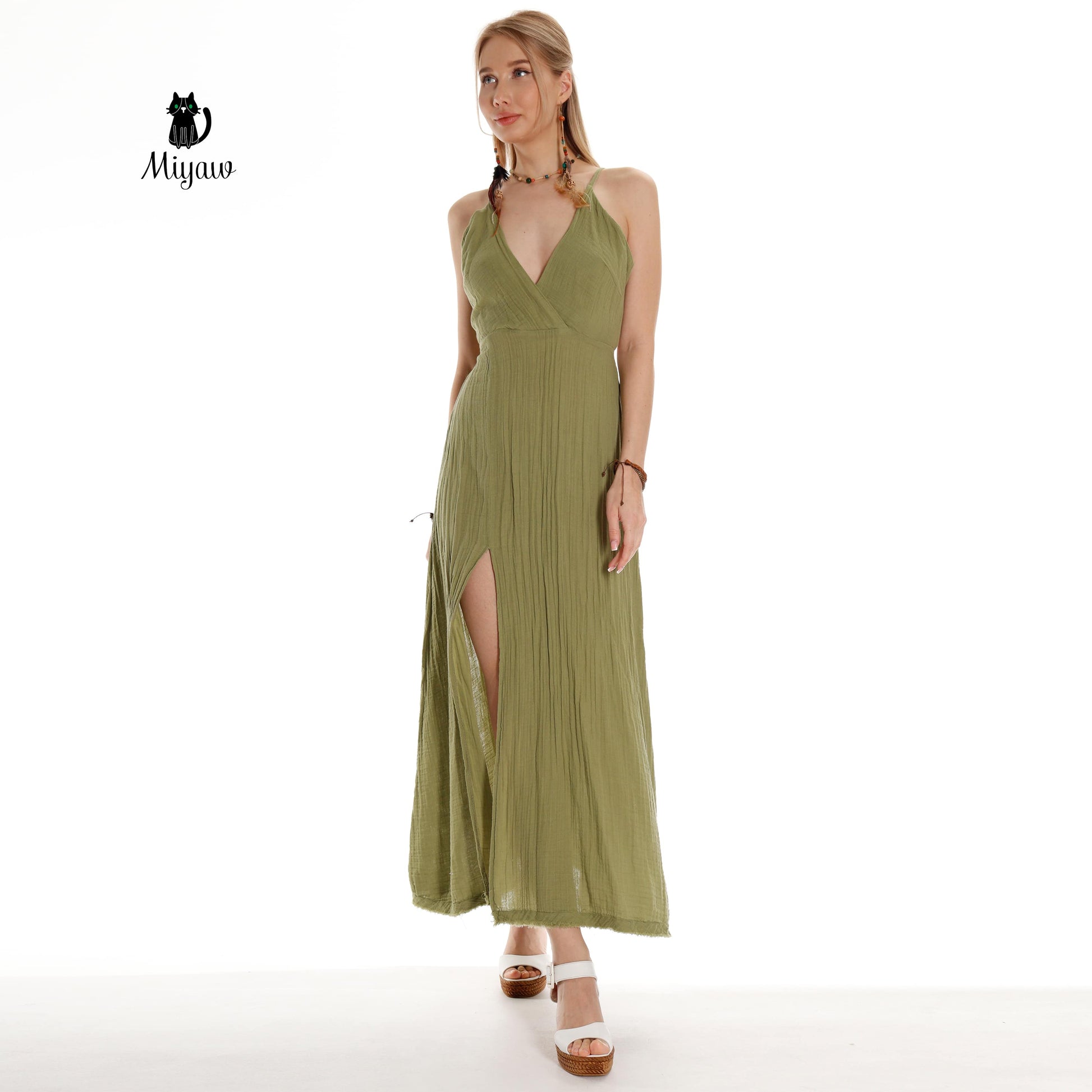 Boho Maxi Dress for Summer in V-Neck Sleeveless Style - Organic Cotton - Miyawfashion