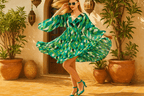 Whimsical V-Neck Mini Dress in Green with Abstract Print, Fairy Style