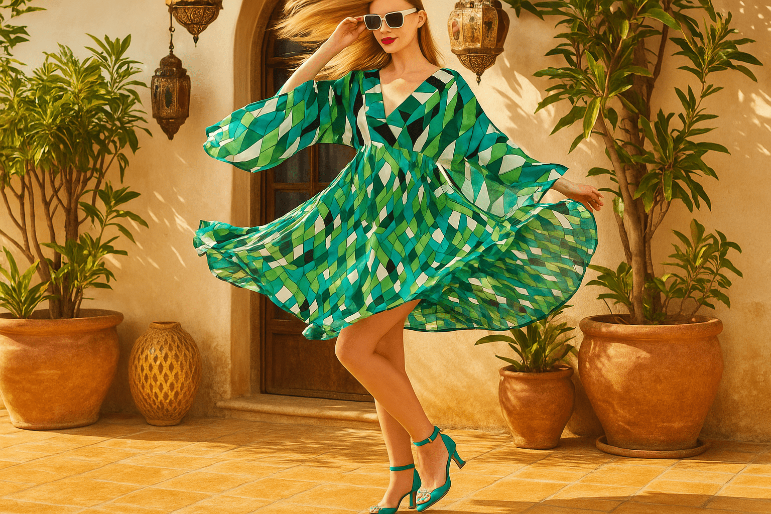 Whimsical V-Neck Mini Dress in Green with Abstract Print, Fairy Style