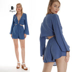 V-Neck Boho Jumpsuit, Long Sleeve Comfy Jumpsuit for Women - Miyawfashion