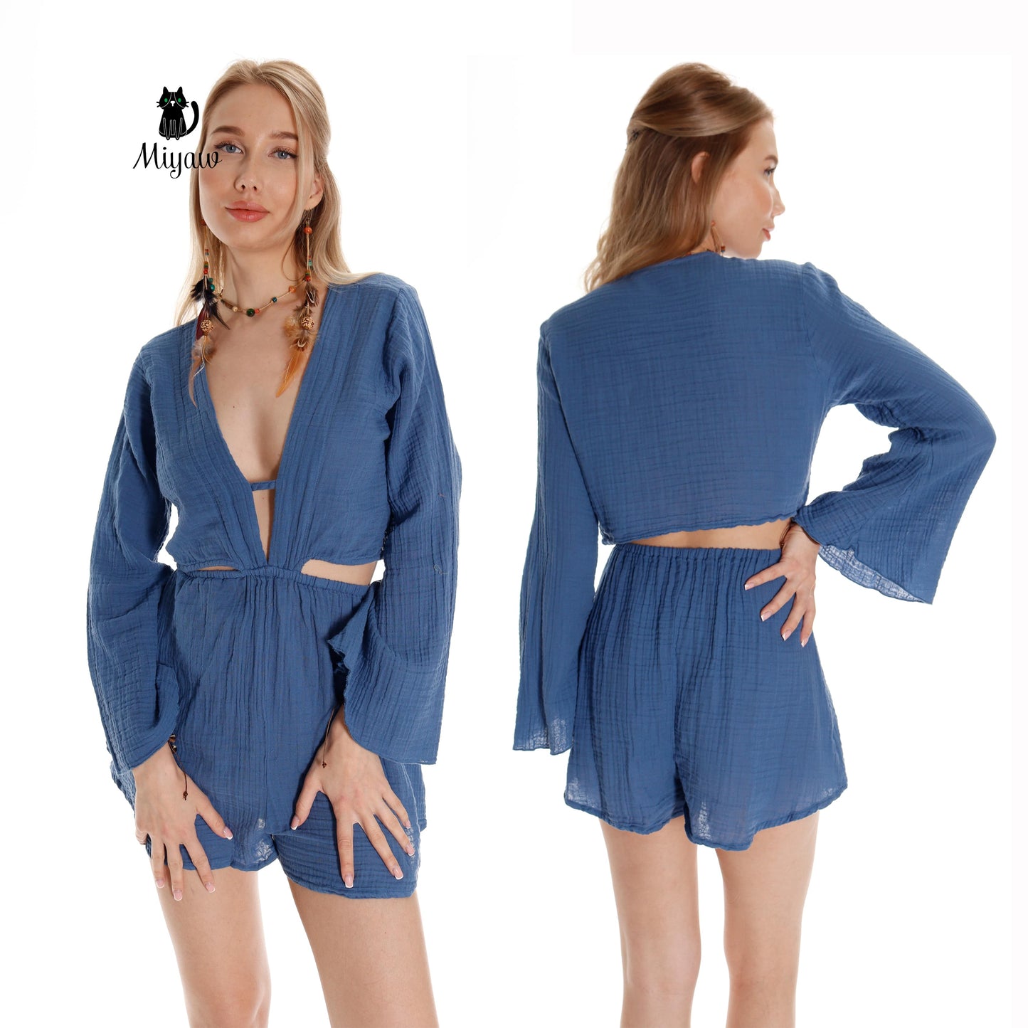 V-Neck Boho Jumpsuit, Long Sleeve Comfy Jumpsuit for Women - Miyawfashion Miyawfashion