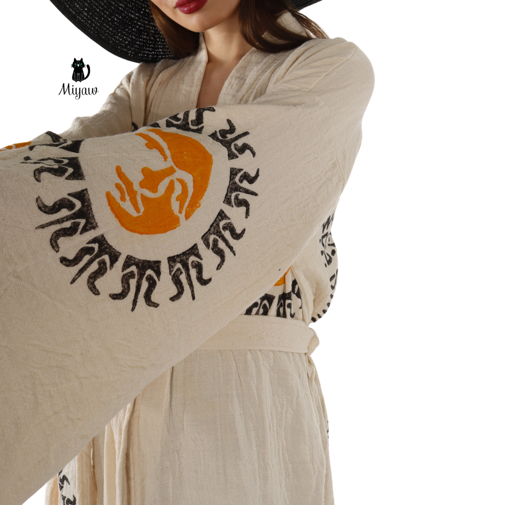 Boho Aztec Sun Kimono Robe – Organic Cotton Natural
