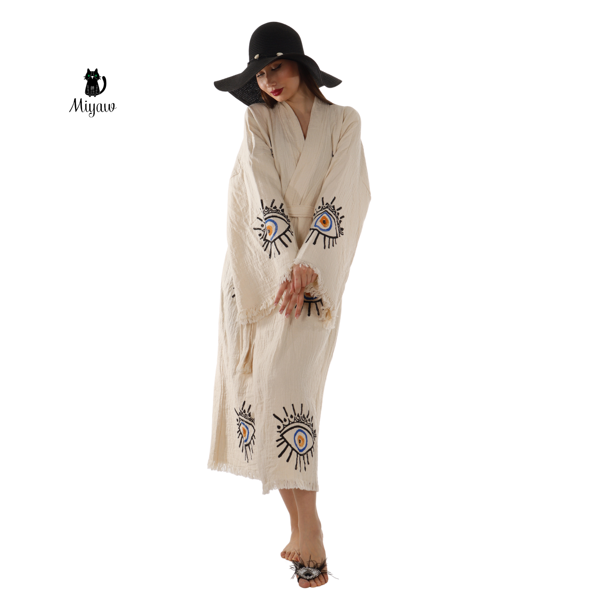 Handmade Beige Evil Eye Kimono Robe – Organic Cotton Boho Wear