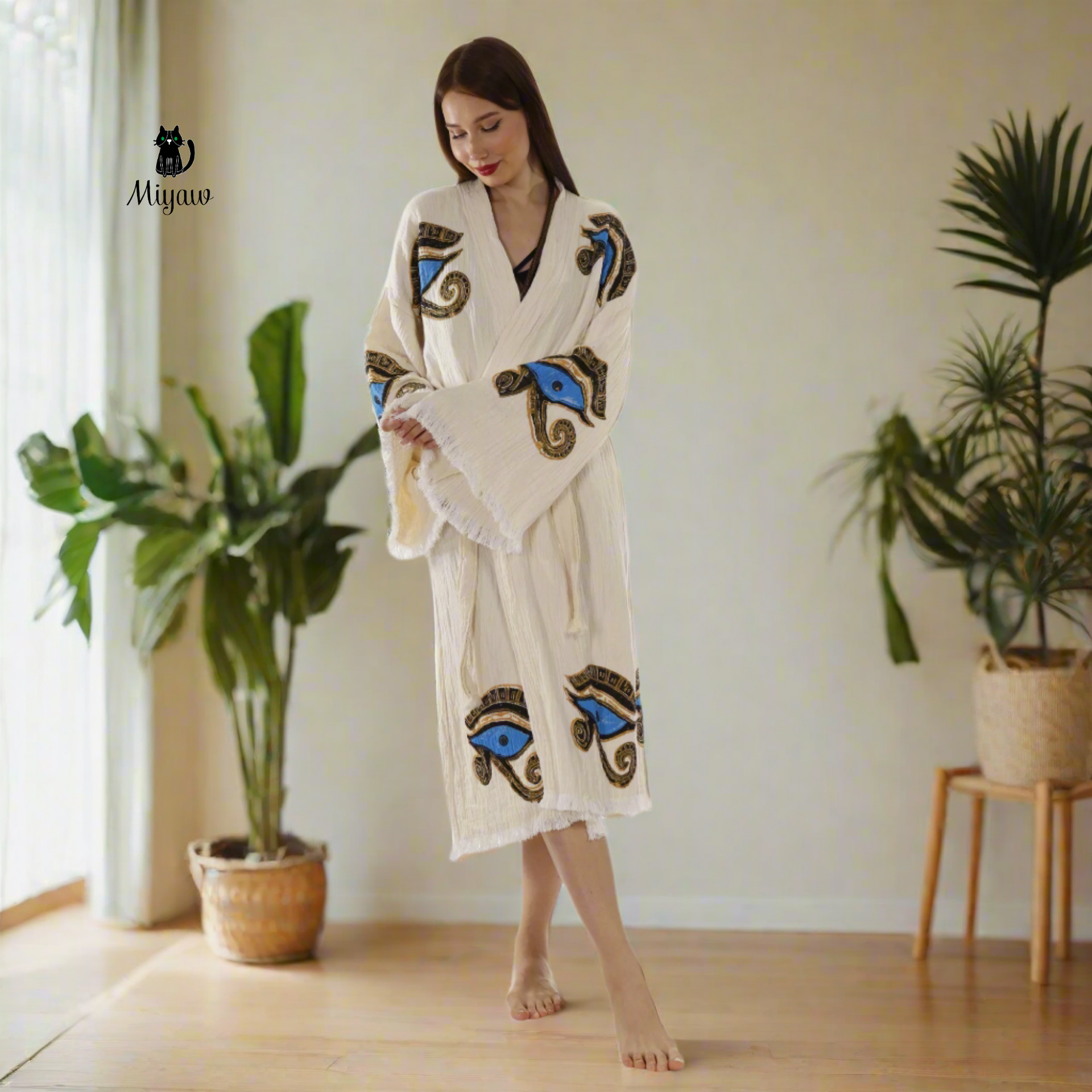 Handcrafted Eye of Horus Kimono Robe – Organic Cotton Boho Style in Beige