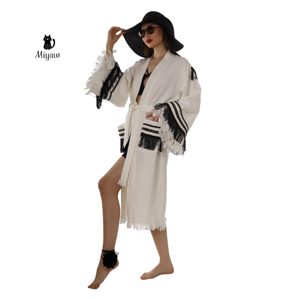 White Kimono Robe with Black Fringe – Boho Western Style