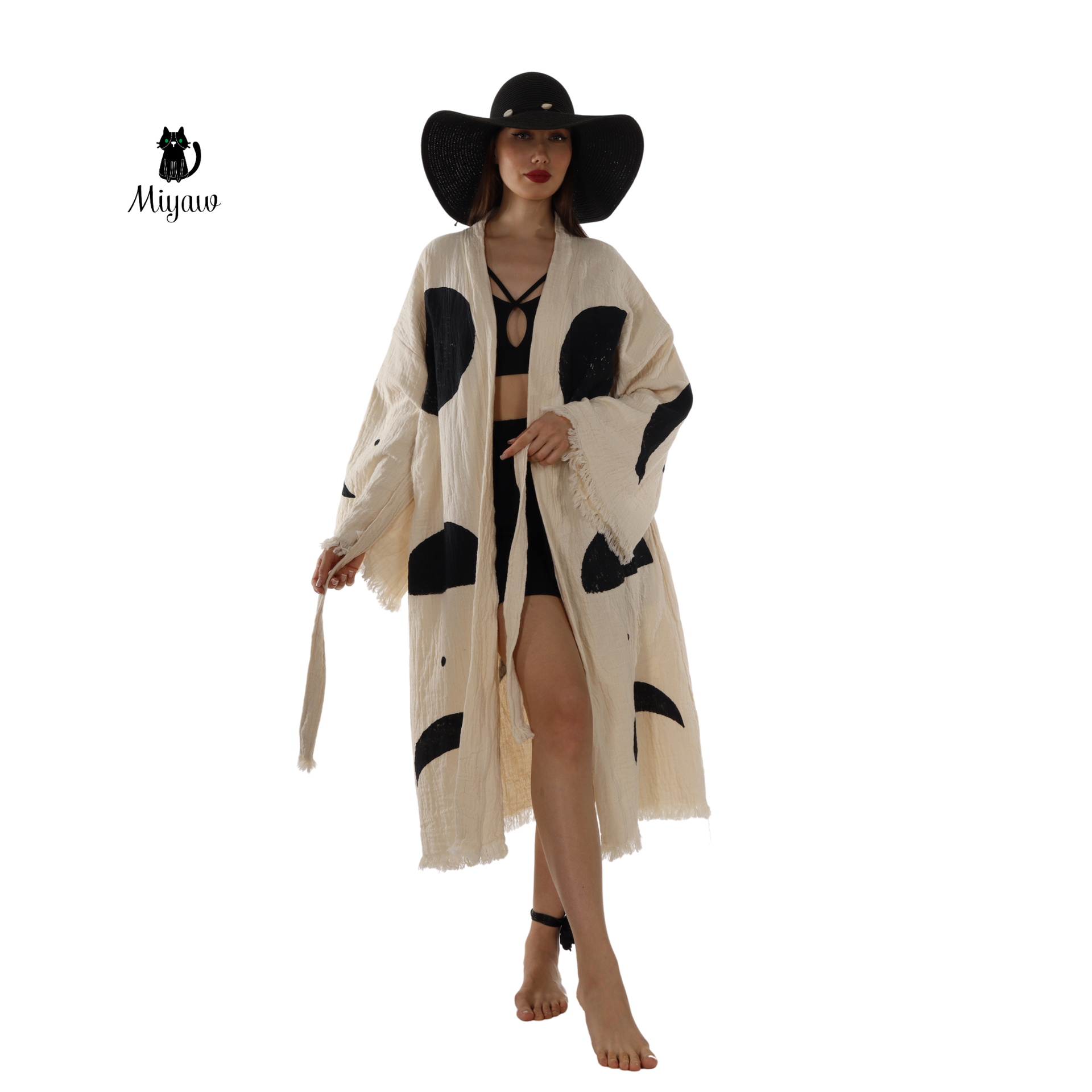 Natural Organic Cotton Kimono Robe with Black Circles