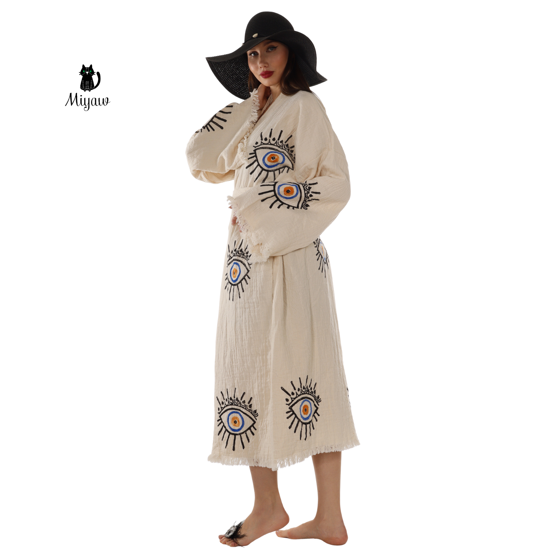 Handmade Beige Evil Eye Kimono Robe – Organic Cotton Boho Wear