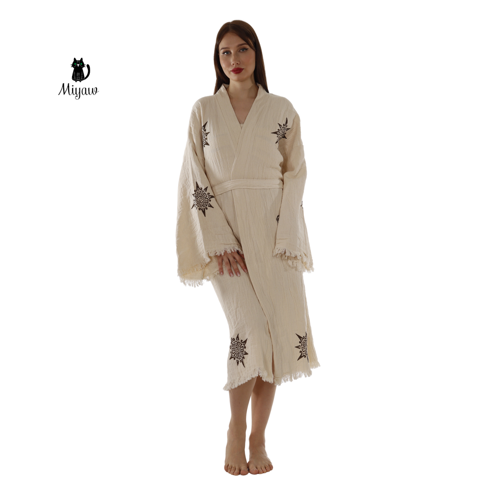 Organic Cotton Aztec Kimono Robe – Boho Beige Cover-Up