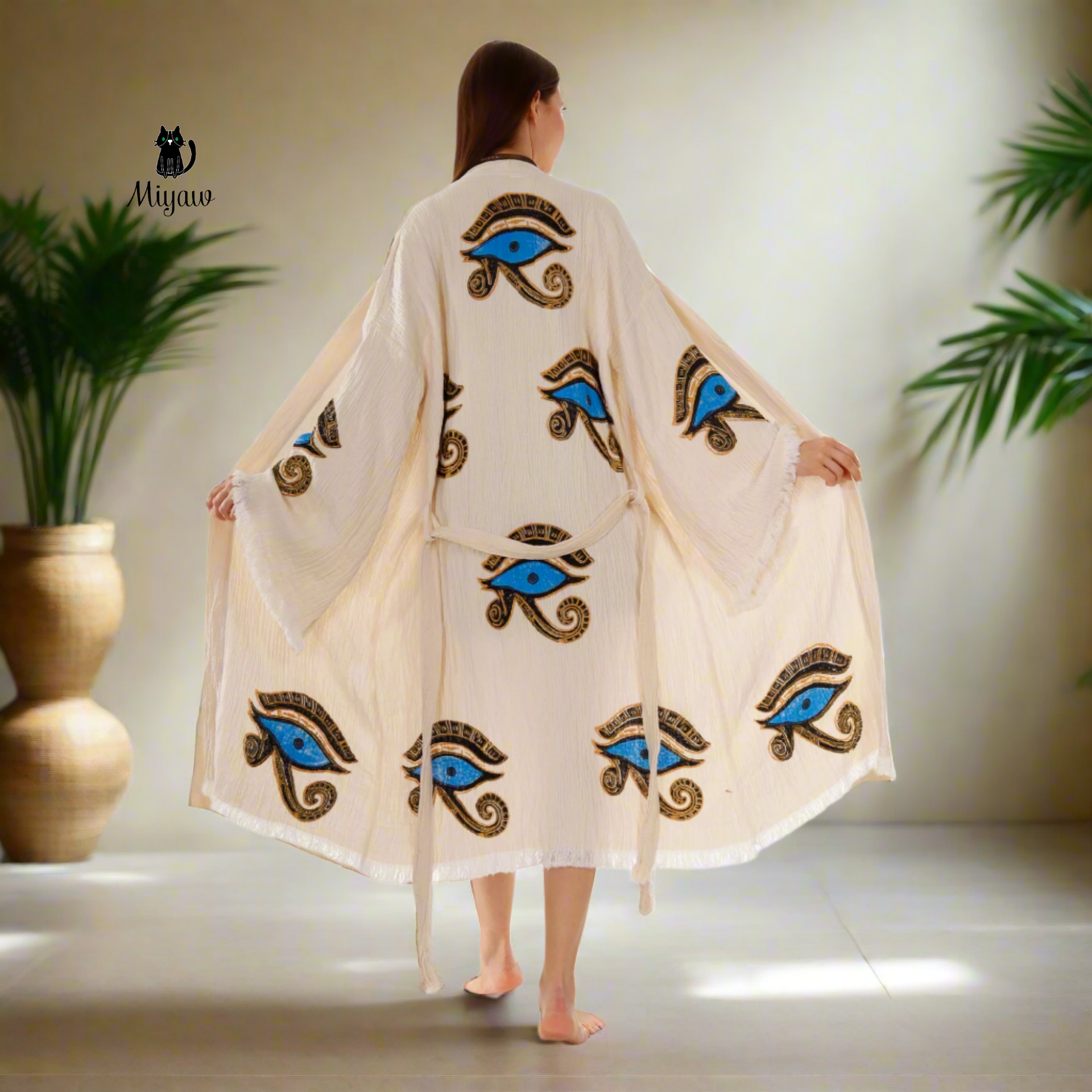 Handcrafted Eye of Horus Kimono Robe – Organic Cotton Boho Style in Beige