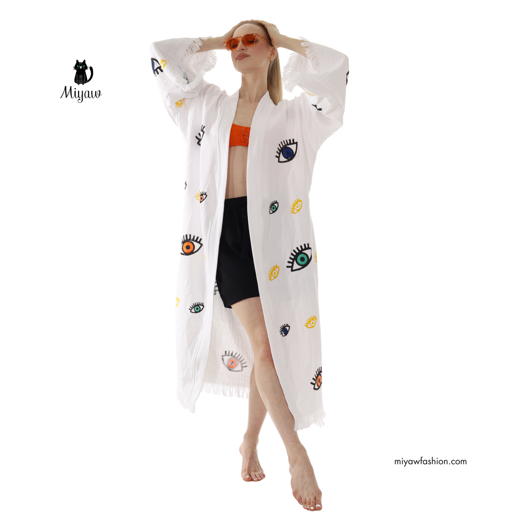 White Boho Evil Eye Kimono – Lightweight Cotton Summer Robe