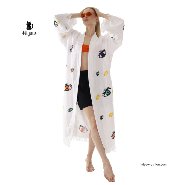 White Boho Evil Eye Kimono – Lightweight Cotton Summer Robe