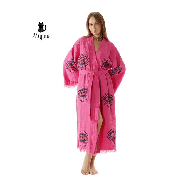 Pink Evil Eye Cotton Bathrobe – Boho Protective Kimono Robe