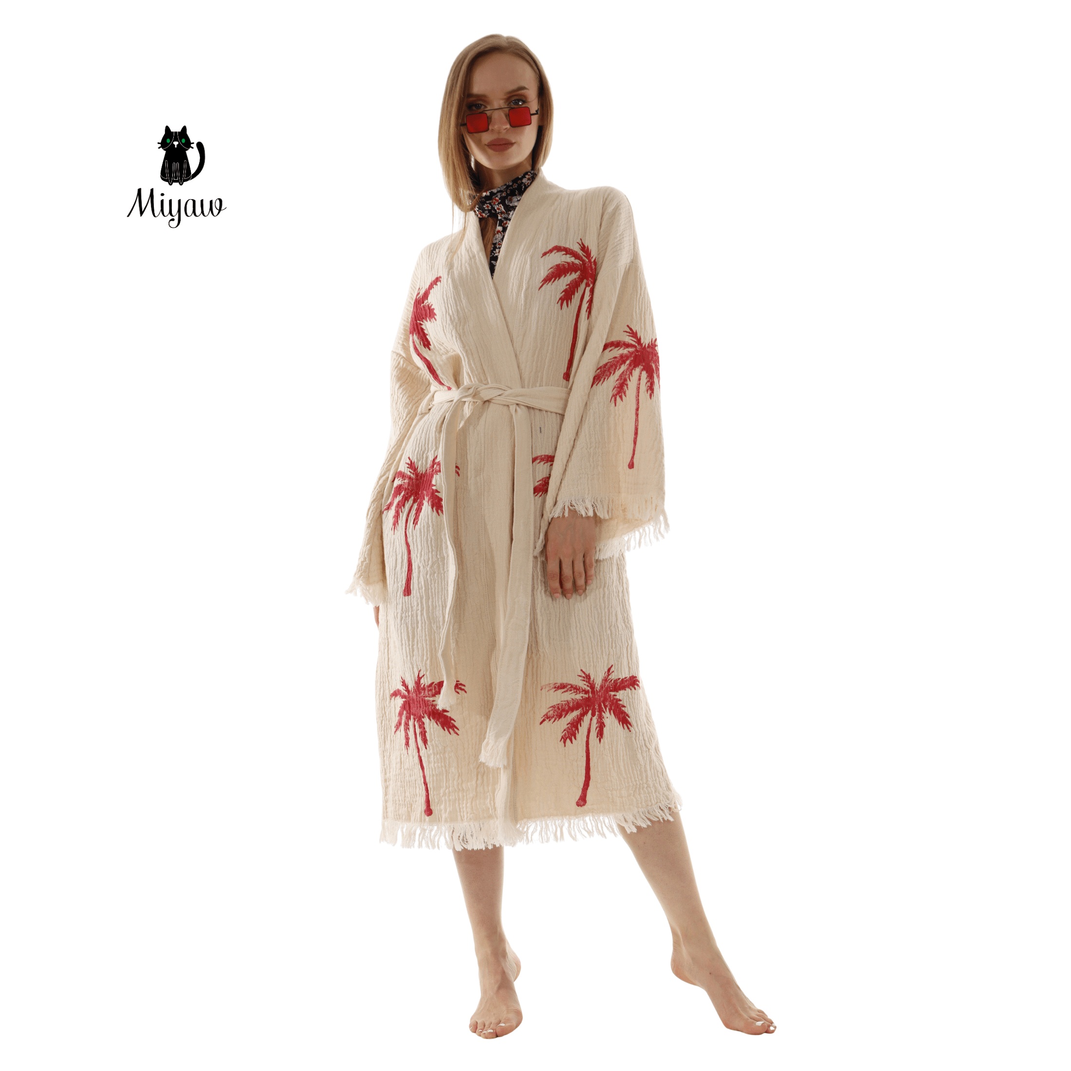 Red Palm Tree Kimonos – Soft Cotton Kimono Robe for Effortless Style