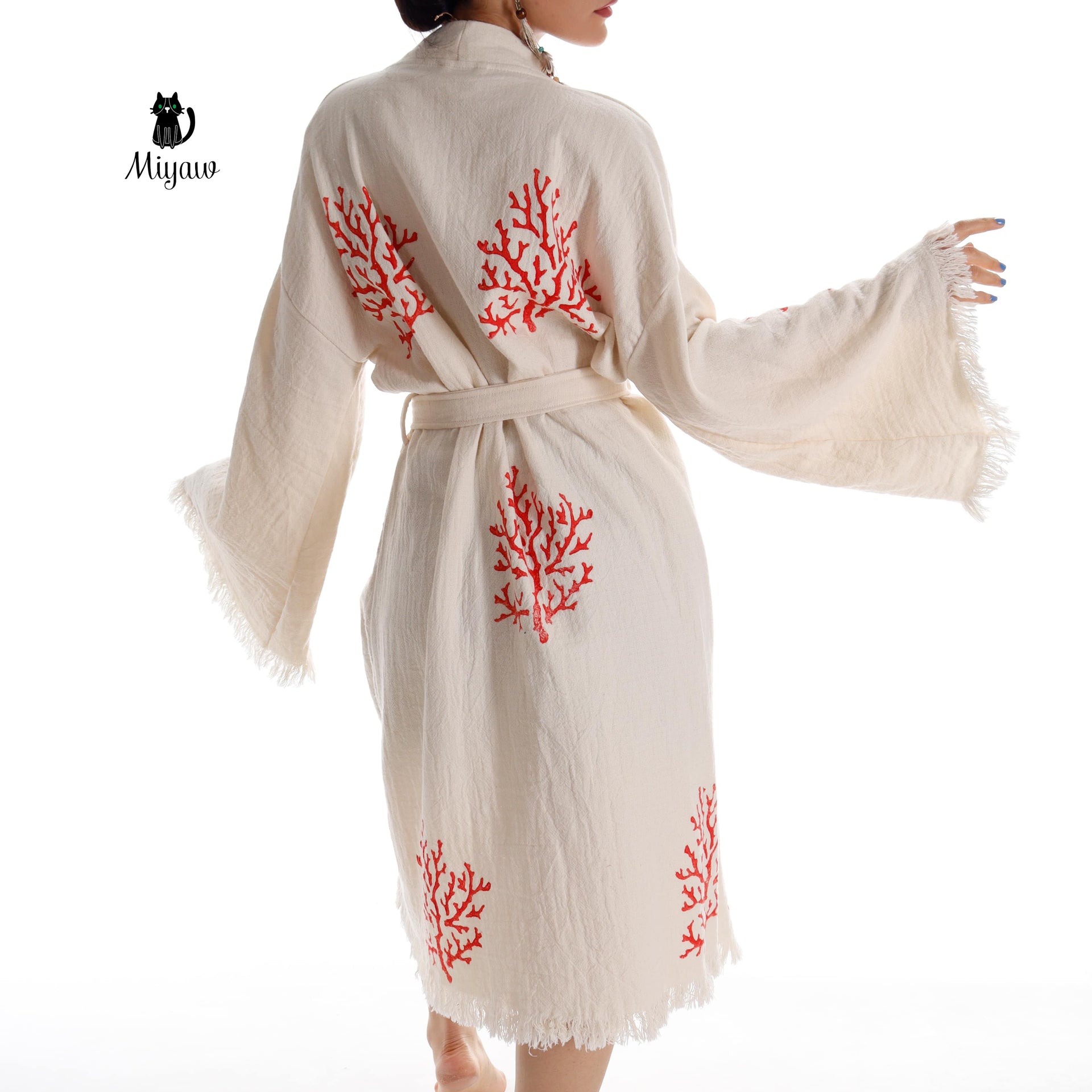 Organic Cotton Red Sea Coral Beach Kimono: Eco-Friendly Handmade Robe - Miyawfashion