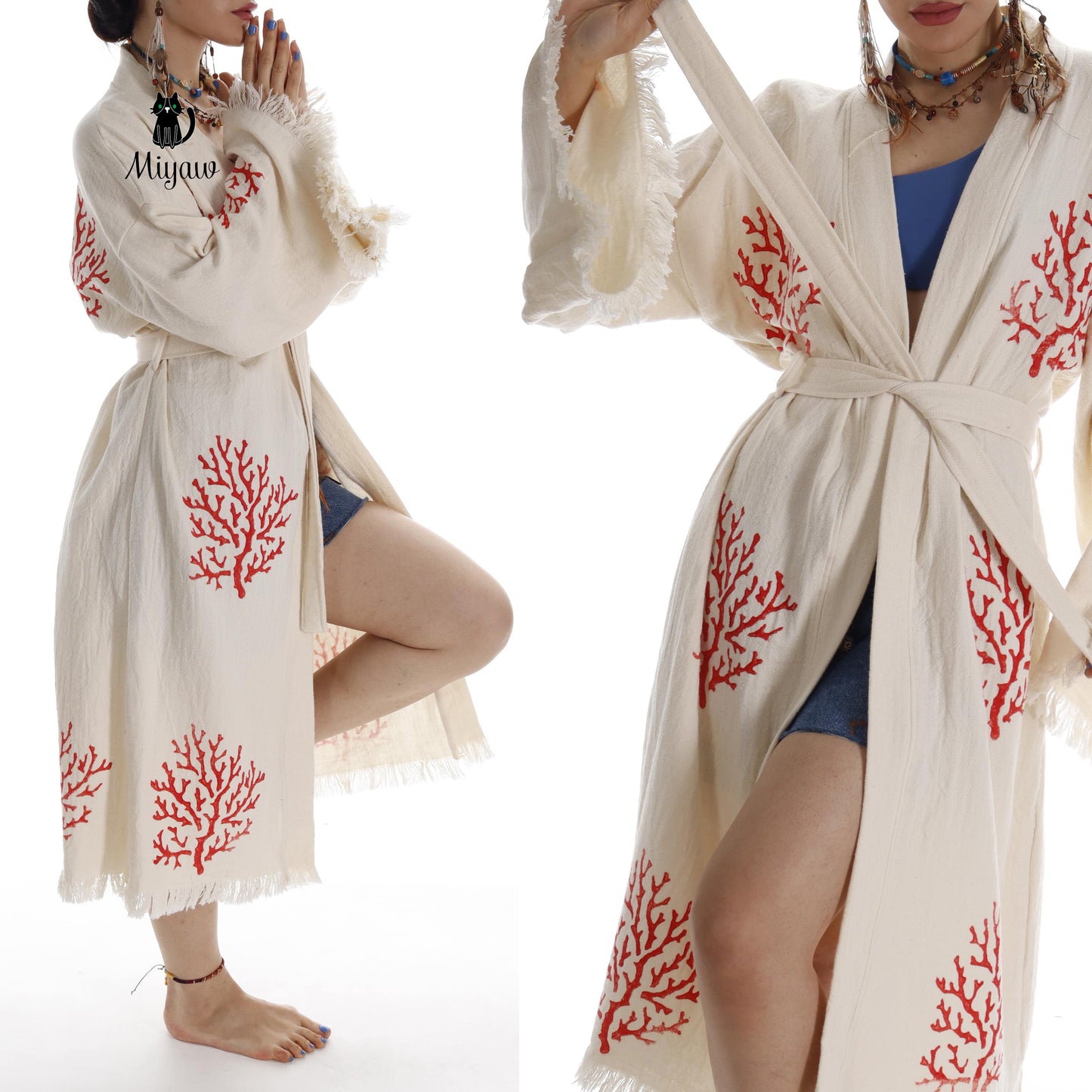 Organic Cotton Red Sea Coral Beach Kimono: Eco-Friendly Handmade Robe - Miyawfashion Miyawfashion