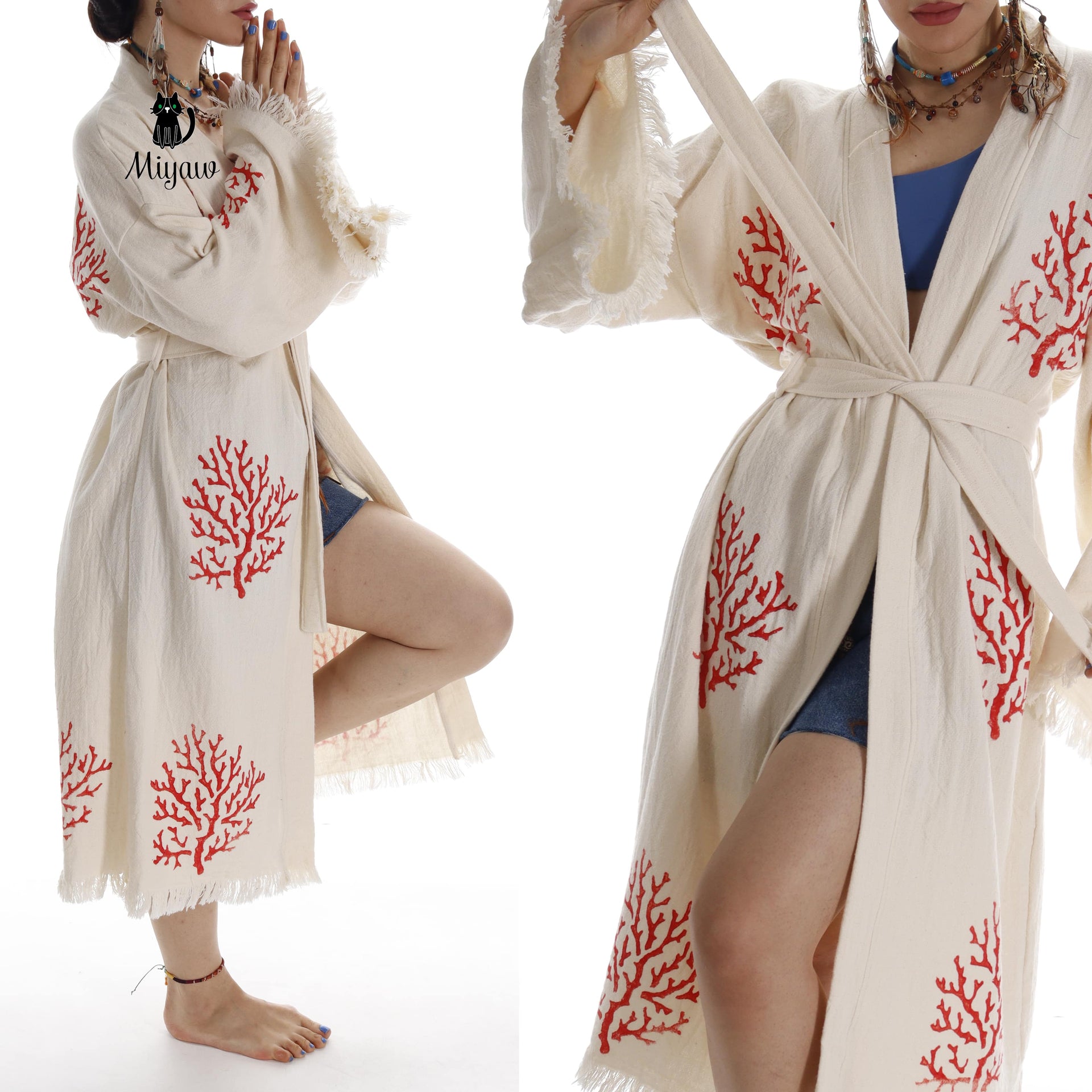 Organic Cotton Red Sea Coral Beach Kimono: Eco-Friendly Handmade Robe - Miyawfashion