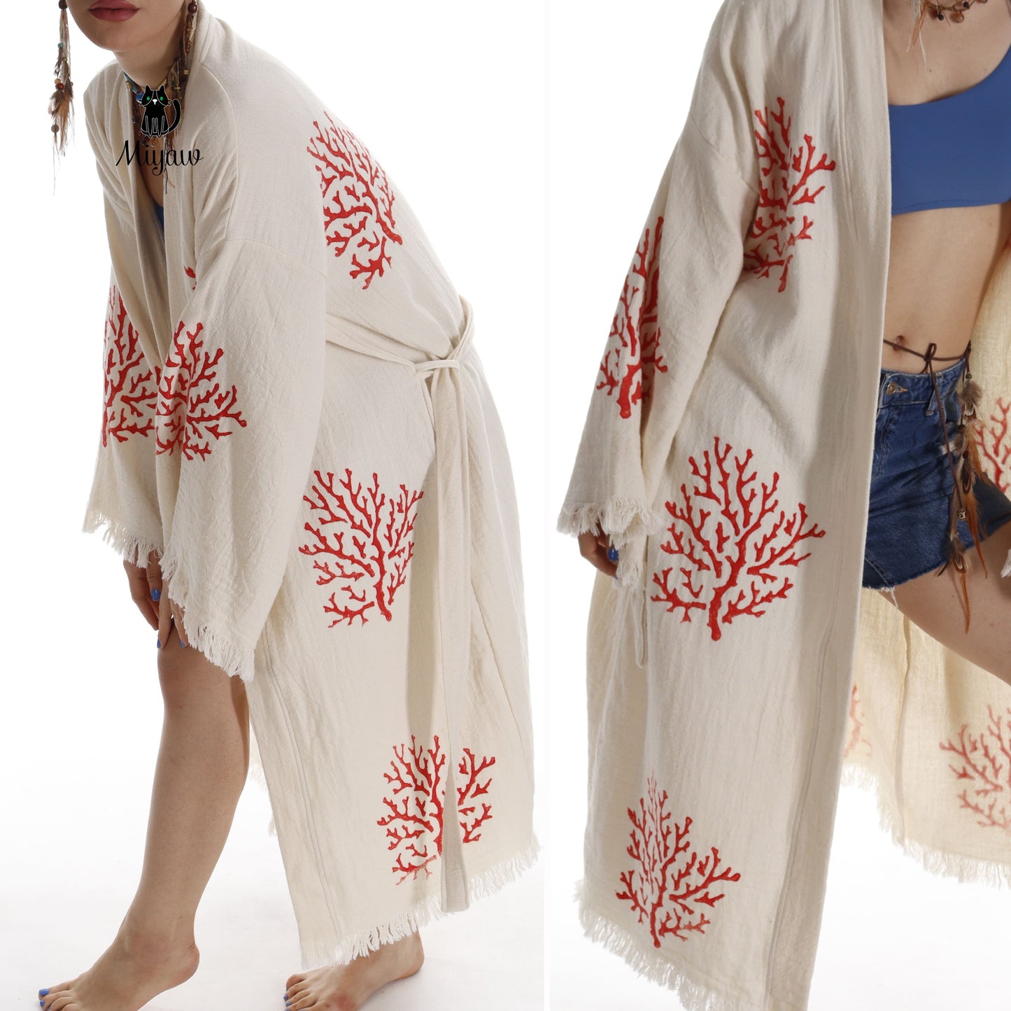 Organic Cotton Red Sea Coral Beach Kimono: Eco-Friendly Handmade Robe - Miyawfashion Miyawfashion