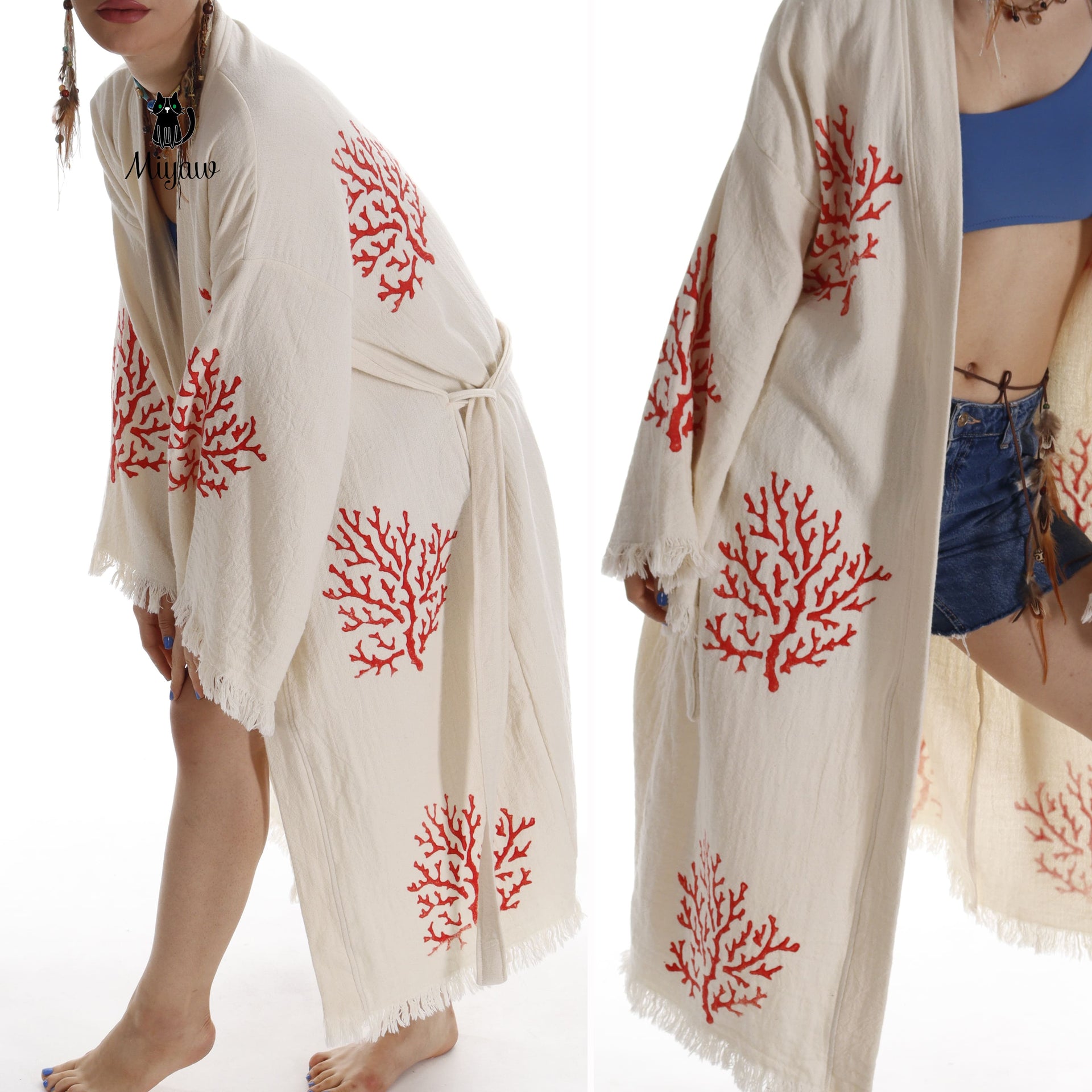 Organic Cotton Red Sea Coral Beach Kimono: Eco-Friendly Handmade Robe - Miyawfashion