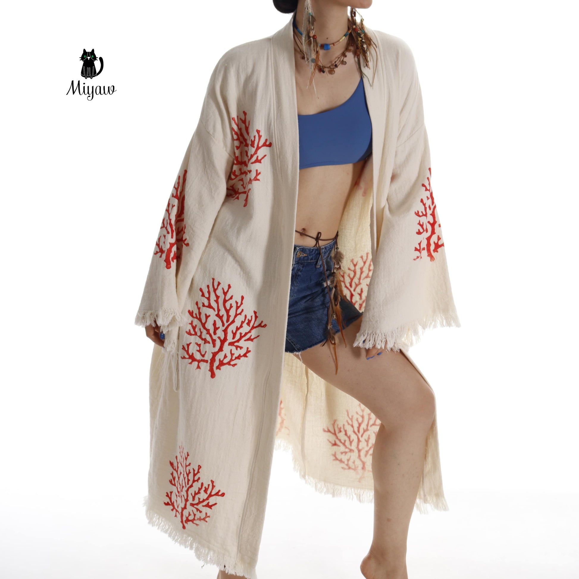 Organic Cotton Red Sea Coral Beach Kimono: Eco-Friendly Handmade Robe - Miyawfashion