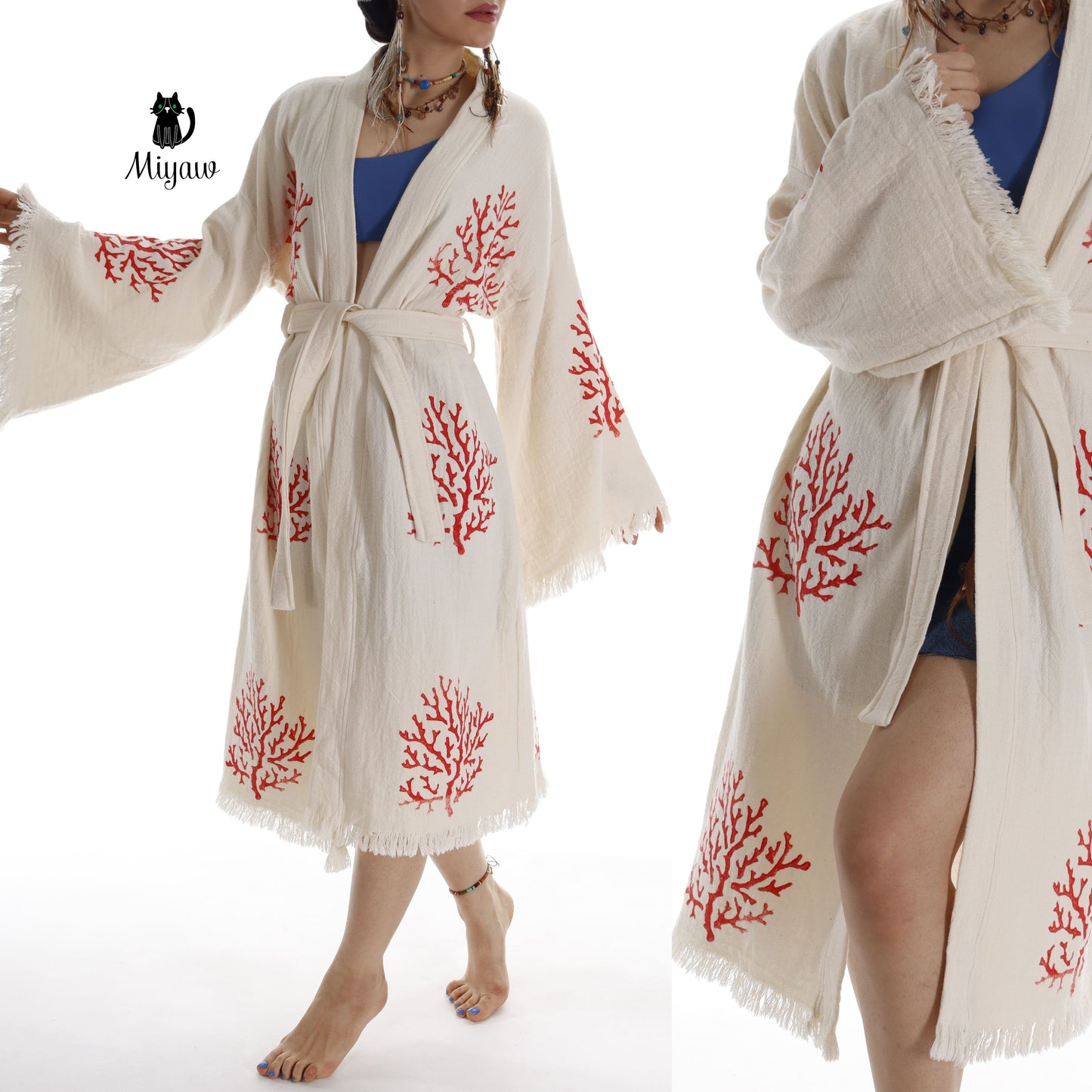 Organic Cotton Red Sea Coral Beach Kimono: Eco-Friendly Handmade Robe - Miyawfashion Miyawfashion