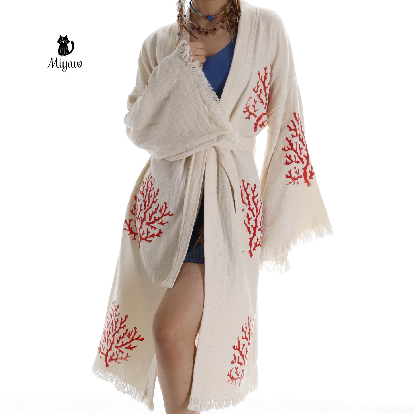 Organic Cotton Red Sea Coral Beach Kimono: Eco-Friendly Handmade Robe - Miyawfashion Miyawfashion