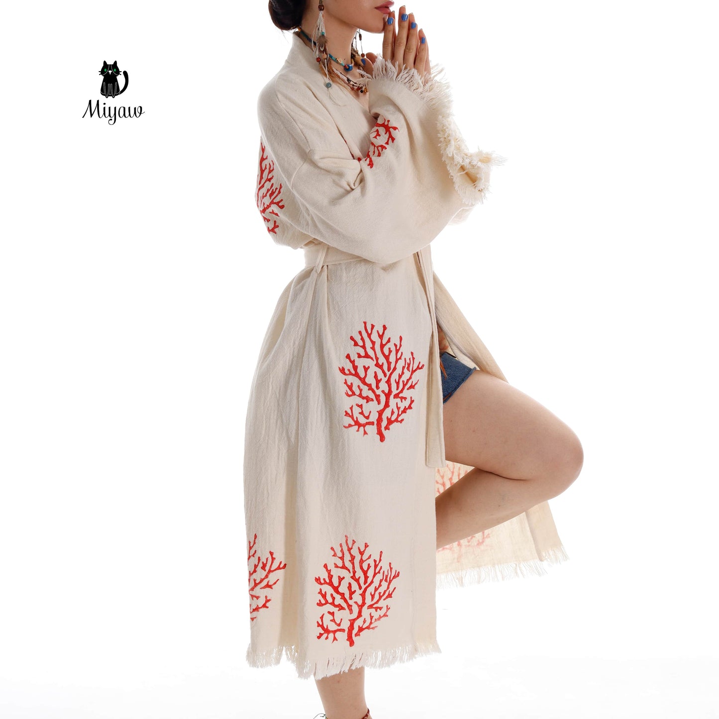 Organic Cotton Red Sea Coral Beach Kimono: Eco-Friendly Handmade Robe - Miyawfashion Miyawfashion