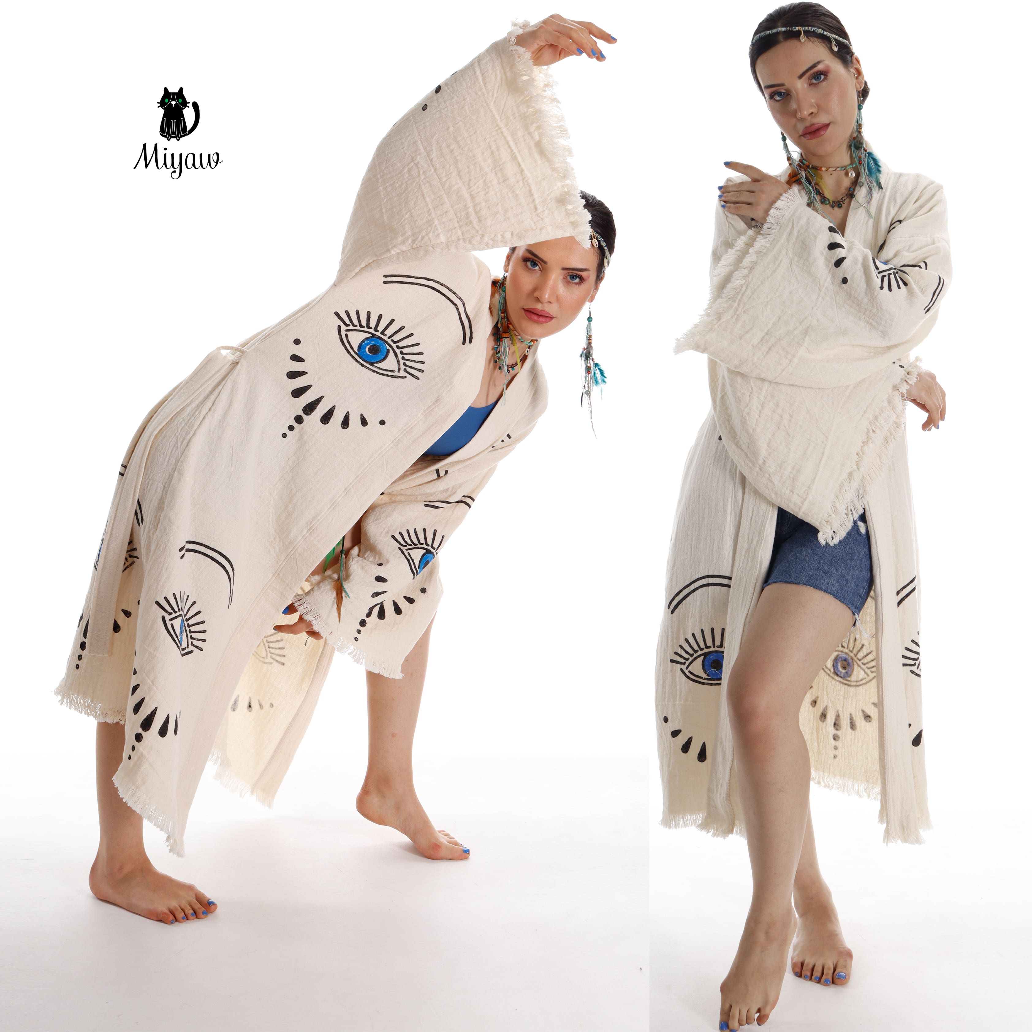Long Sleeve Boho Beach Kimono Robe made of Organic Cotton - Miyawfashion