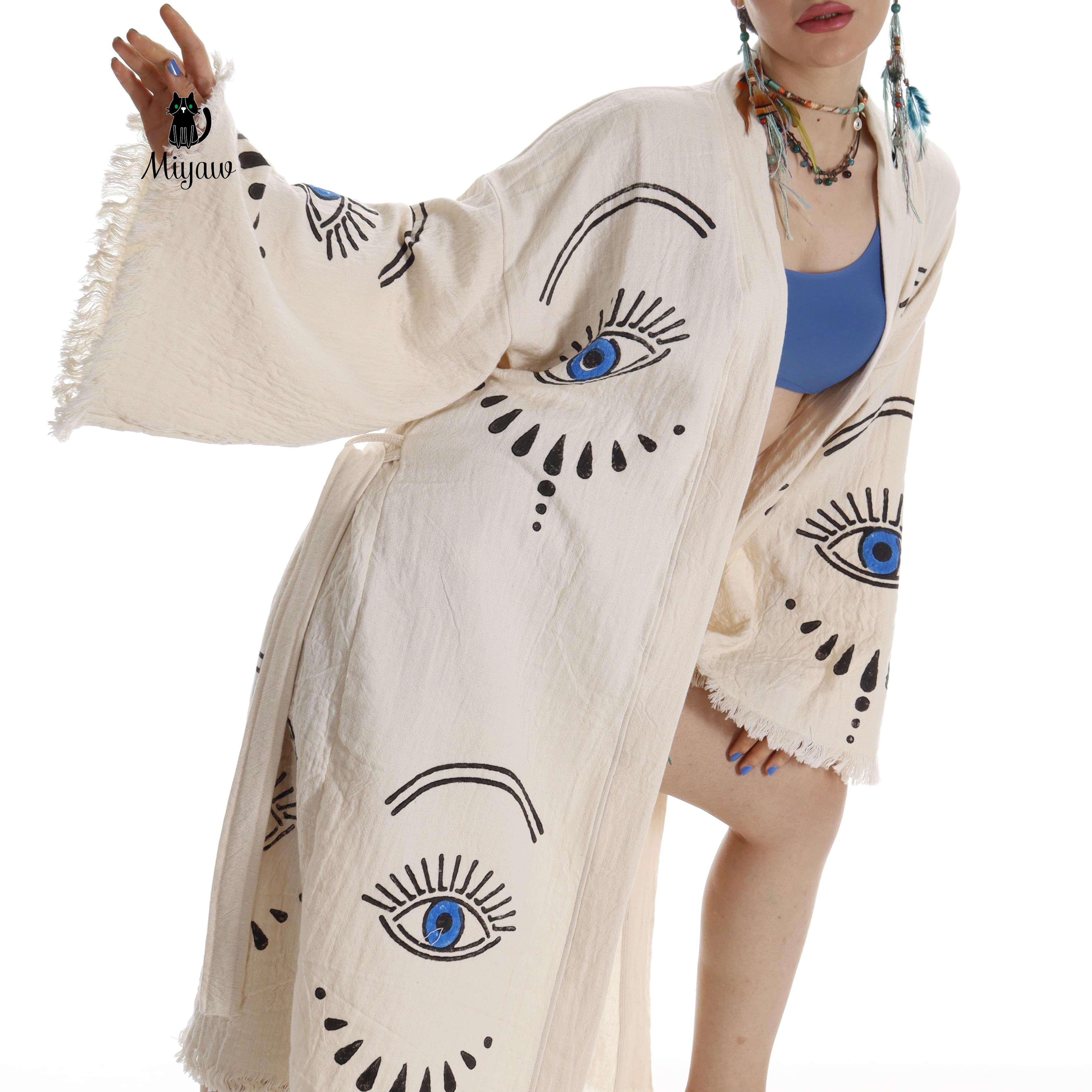 Long Sleeve Boho Beach Kimono Robe made of Organic Cotton - Miyawfashion