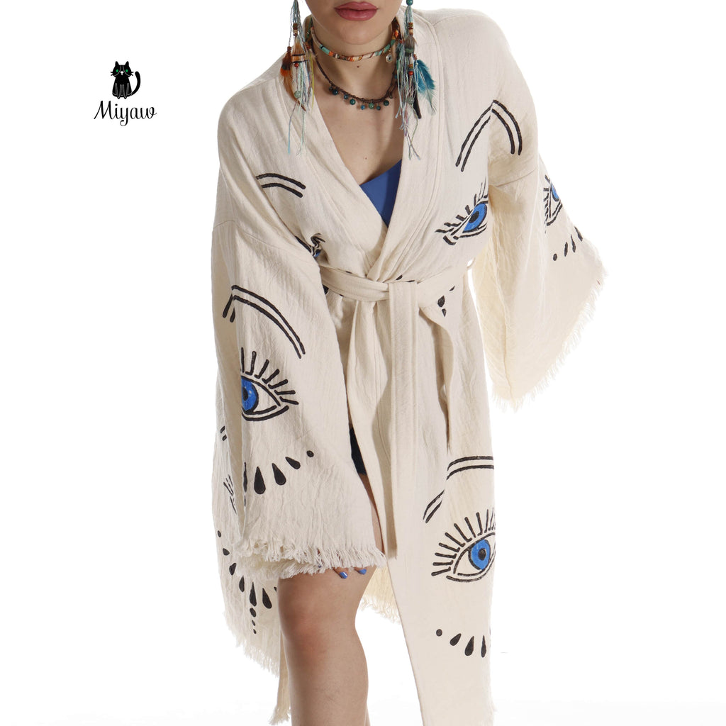 Long Sleeve Boho Beach Kimono Robe made of Organic Cotton - Miyawfashion