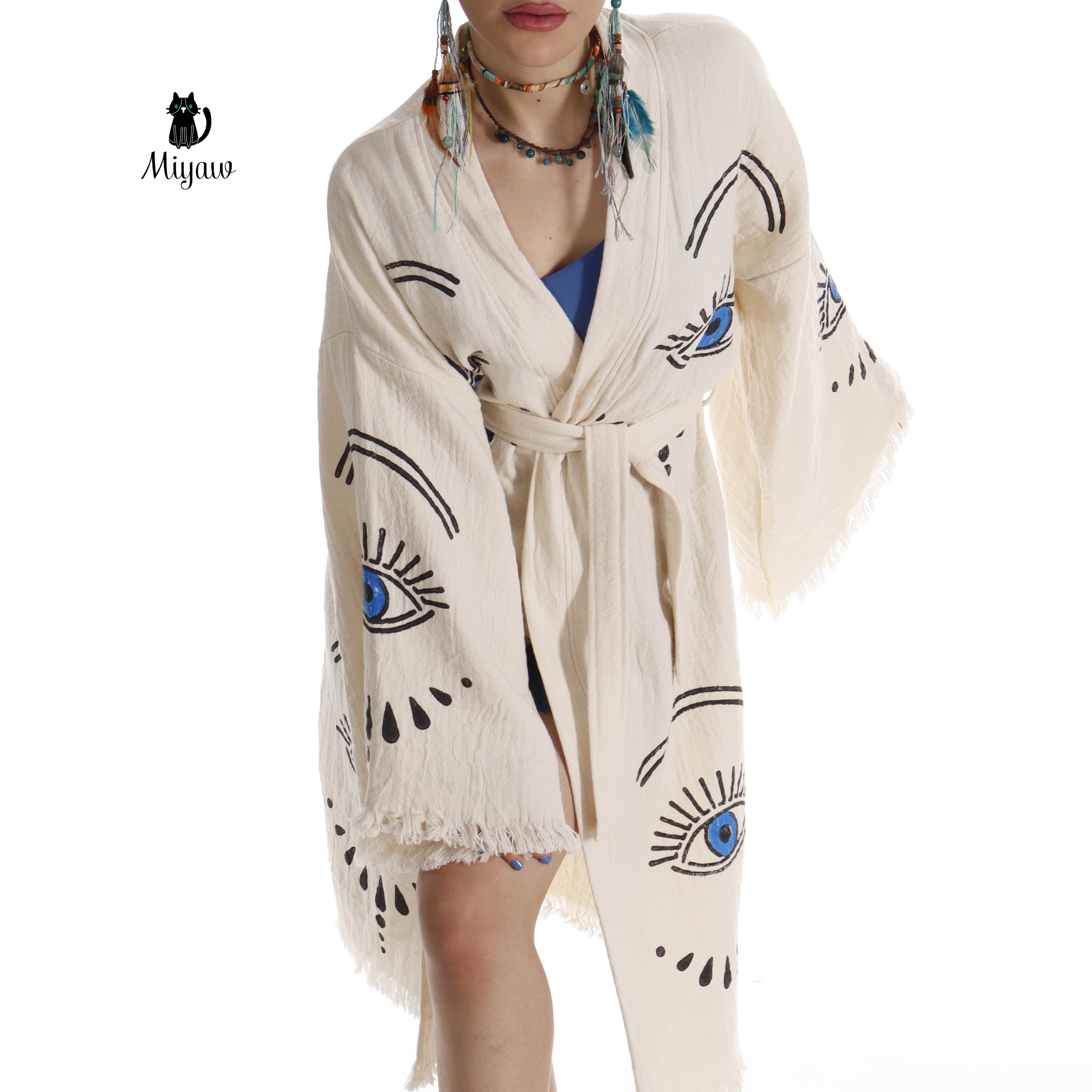 Long Sleeve Boho Beach Kimono Robe made of Organic Cotton - Miyawfashion