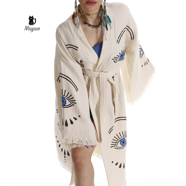 Long Sleeve Boho Beach Kimono Robe made of Organic Cotton - Miyawfashion