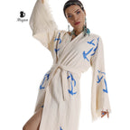 Handcrafted Seagull Print Kimono Robe in Organic Cotton - Bohemian Beach Cover Up - Miyawfashion