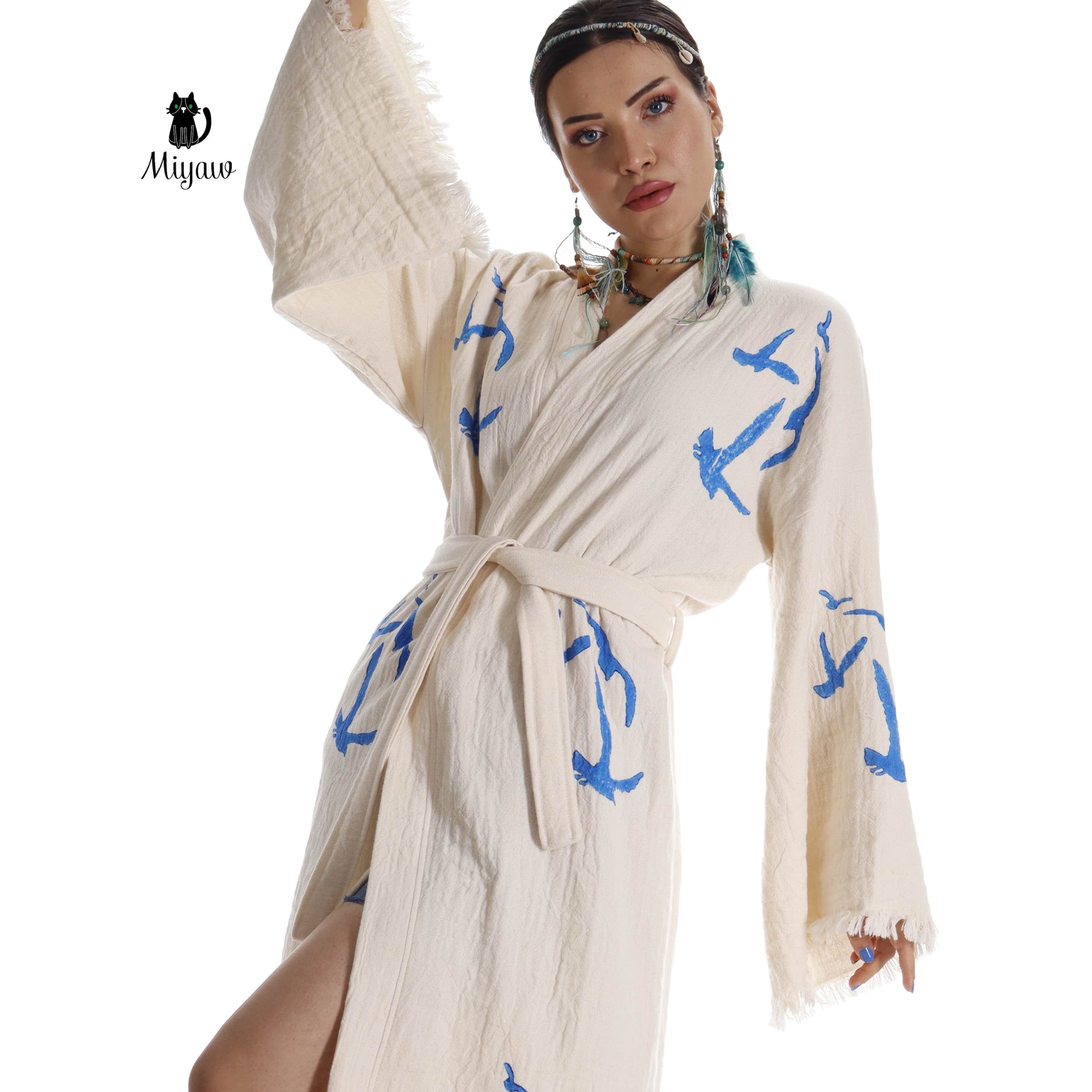 Handcrafted Seagull Print Kimono Robe in Organic Cotton - Bohemian Beach Cover Up - Miyawfashion