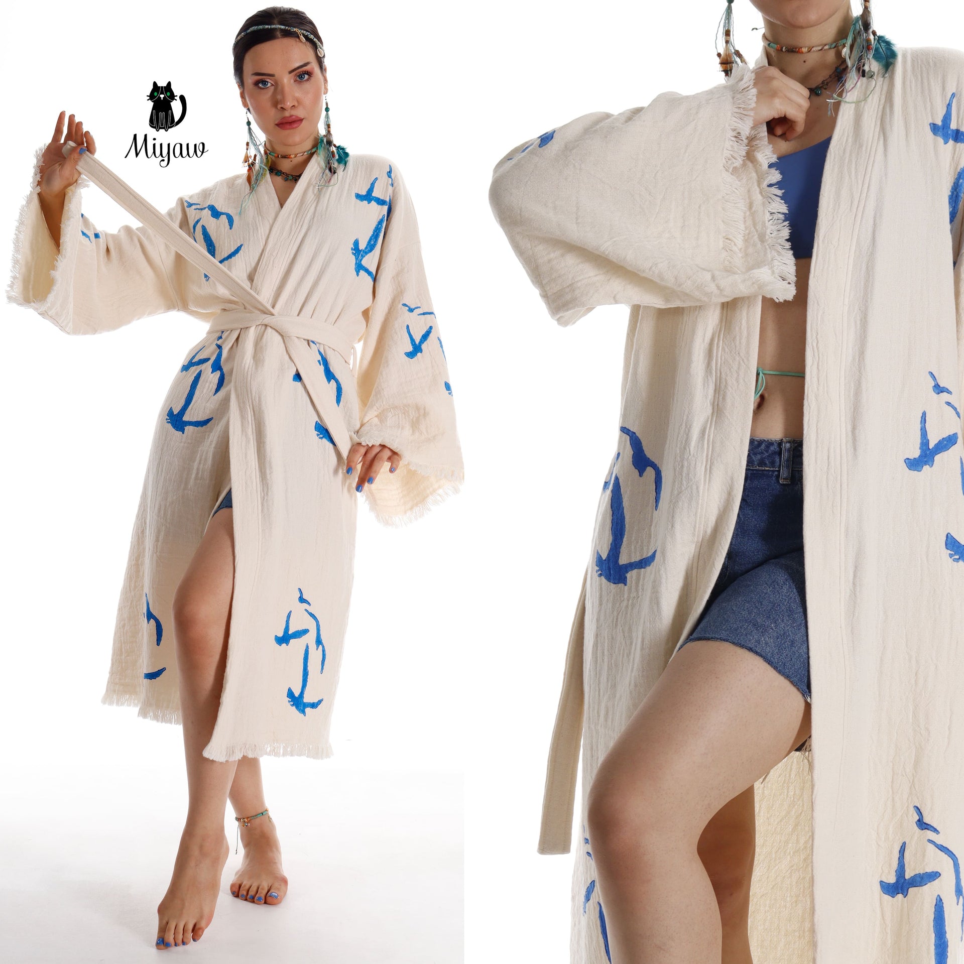 Handcrafted Seagull Print Kimono Robe in Organic Cotton - Bohemian Beach Cover Up - Miyawfashion