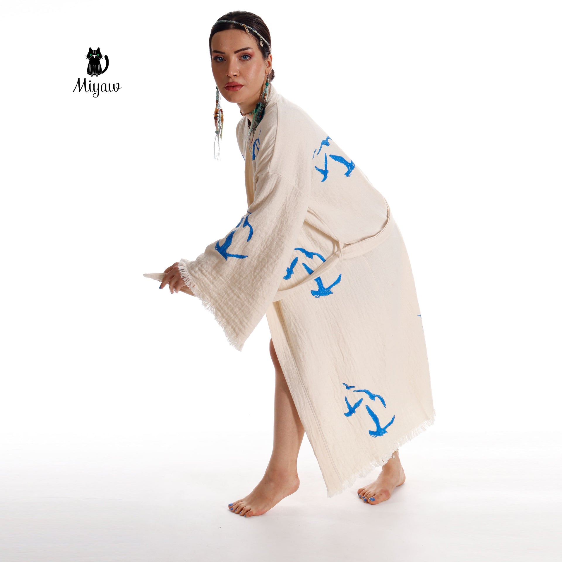 Handcrafted Seagull Print Kimono Robe in Organic Cotton - Bohemian Beach Cover Up - Miyawfashion