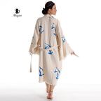 Handcrafted Seagull Print Kimono Robe in Organic Cotton - Bohemian Beach Cover Up - Miyawfashion