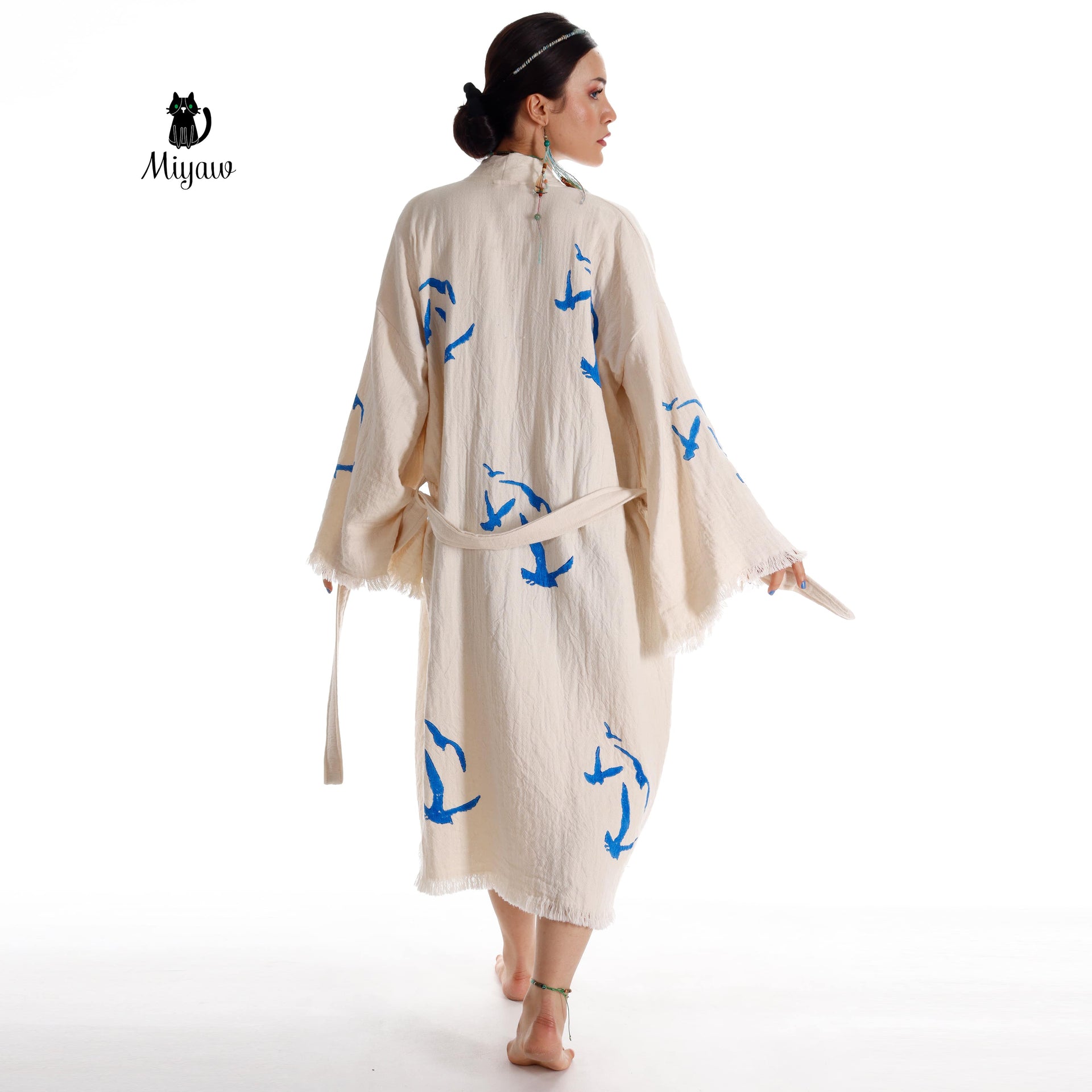 Handcrafted Seagull Print Kimono Robe in Organic Cotton - Bohemian Beach Cover Up - Miyawfashion