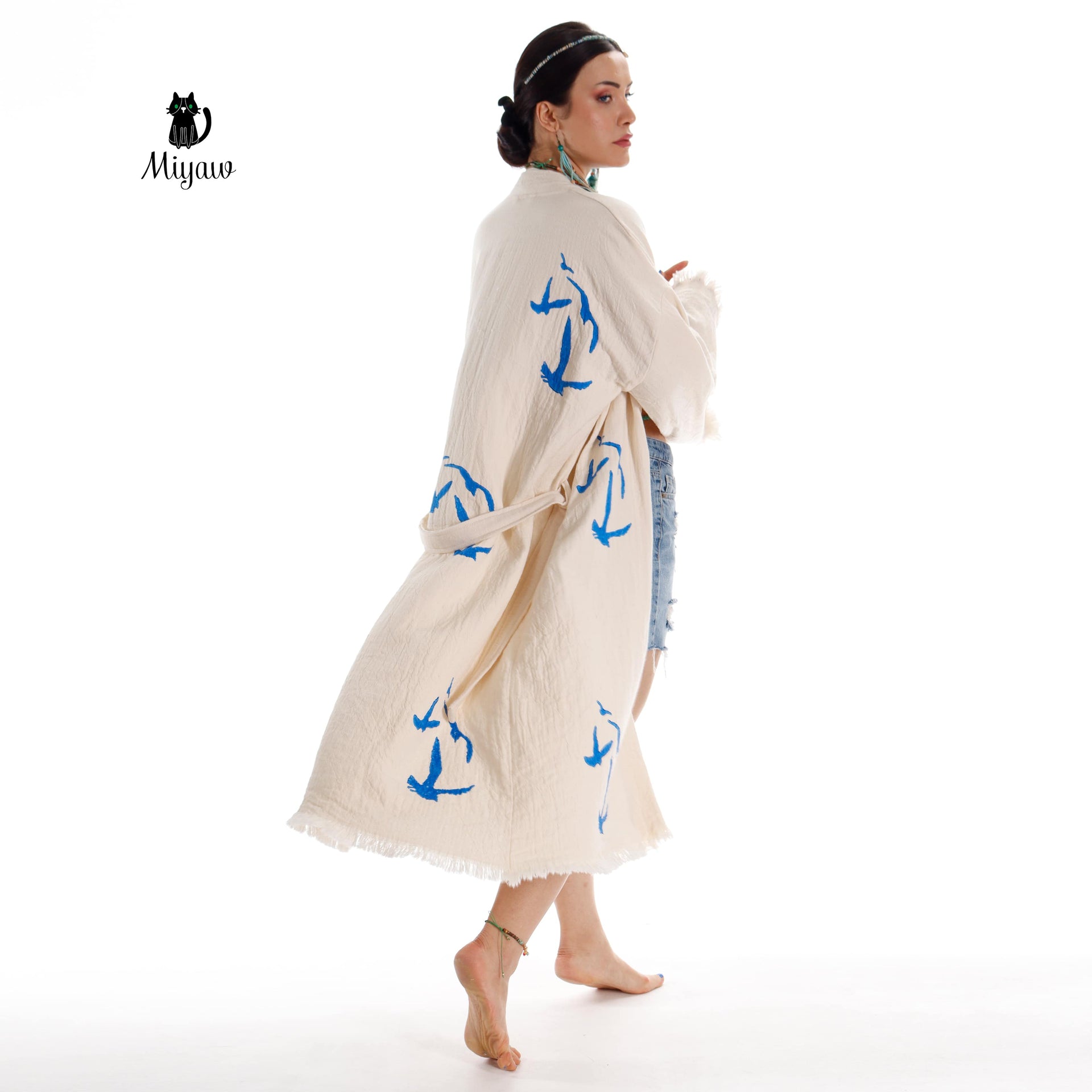 Handcrafted Seagull Print Kimono Robe in Organic Cotton - Bohemian Beach Cover Up - Miyawfashion