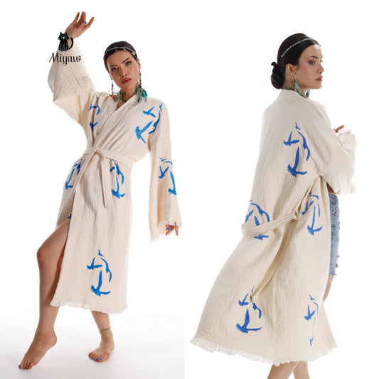 Handcrafted Seagull Print Kimono Robe in Organic Cotton - Bohemian Beach Cover Up Miyawfashion