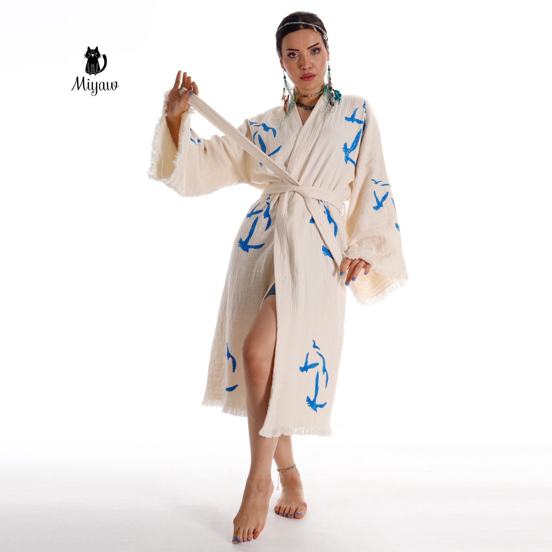 Handcrafted Seagull Print Kimono Robe in Organic Cotton - Bohemian Beach Cover Up - Miyawfashion