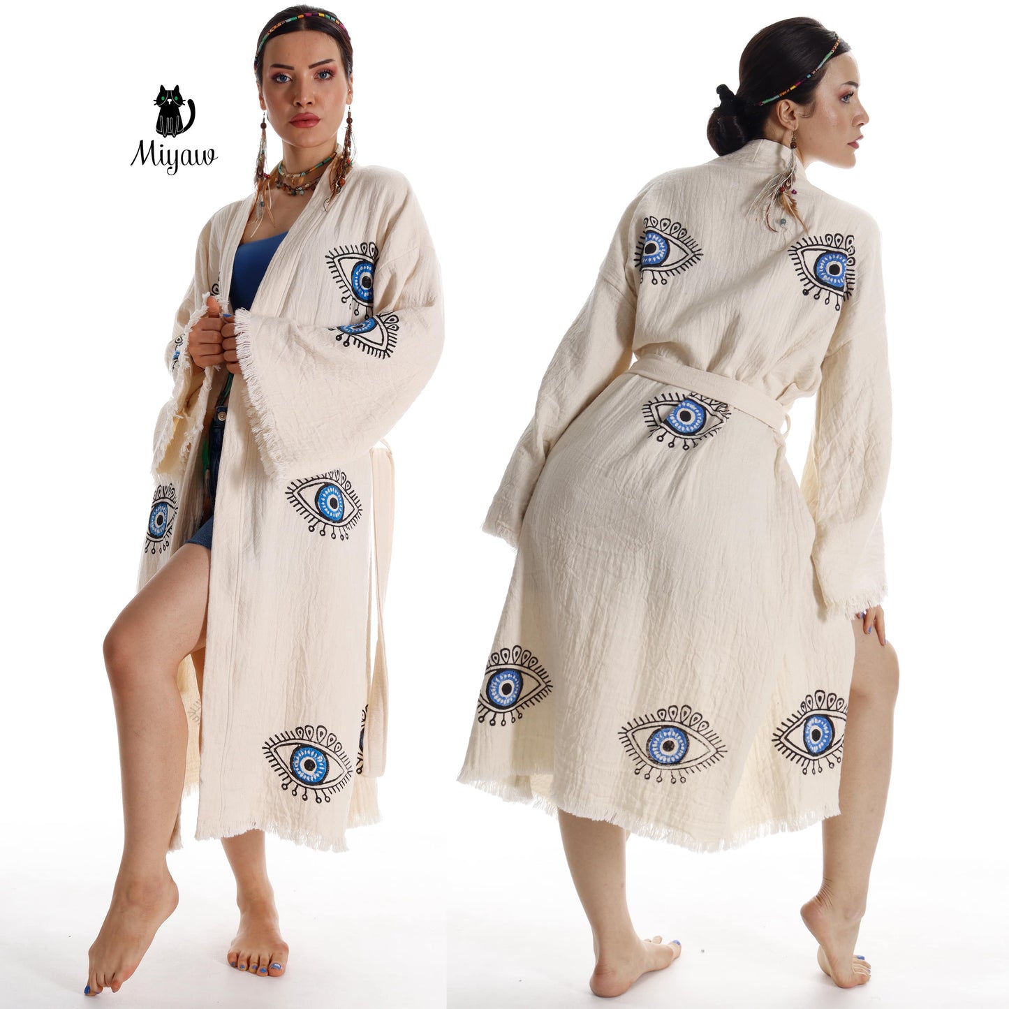 Organic Cotton Boho Beach Kimono Robe with Blue Eye Stamping - Miyawfashion Miyawfashion