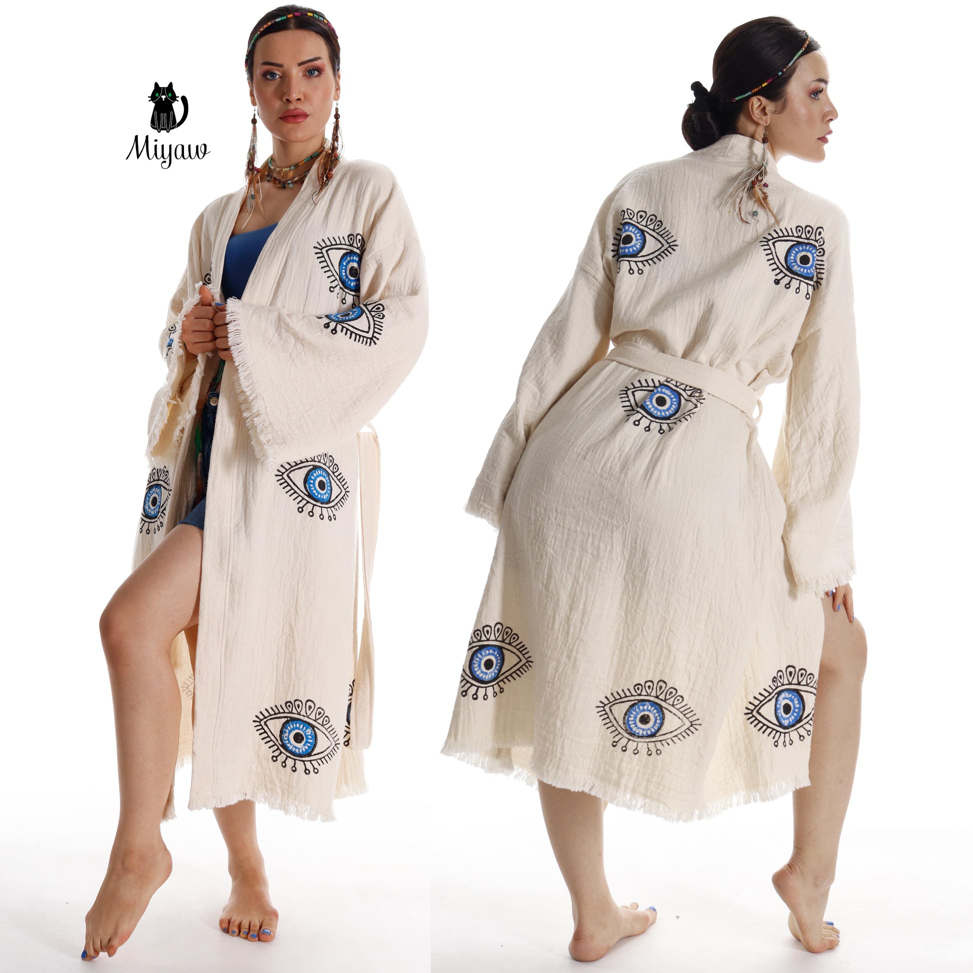 Organic Cotton Boho Beach Kimono Robe with Blue Eye Stamping - Miyawfashion