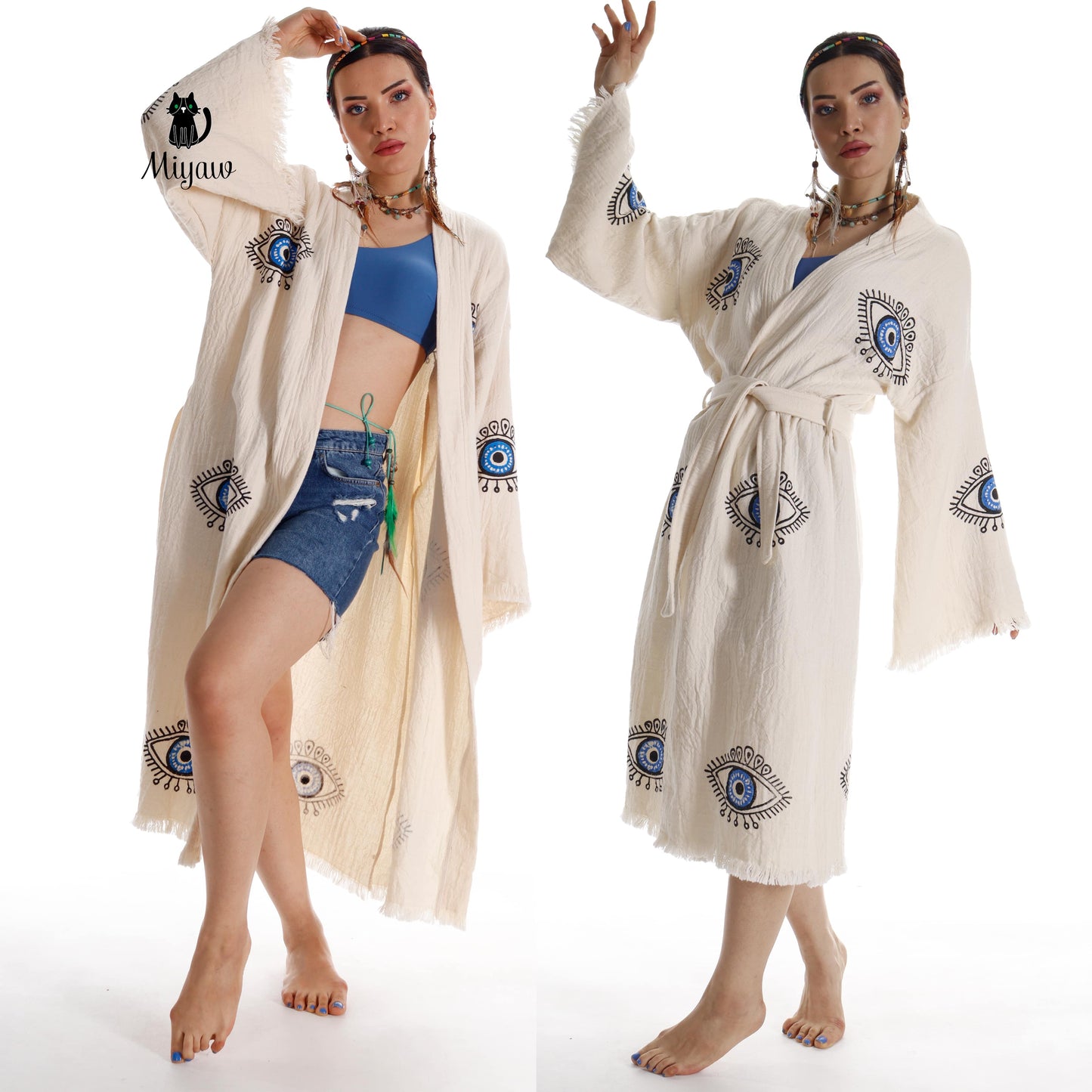 Organic Cotton Boho Beach Kimono Robe with Blue Eye Stamping - Miyawfashion Miyawfashion