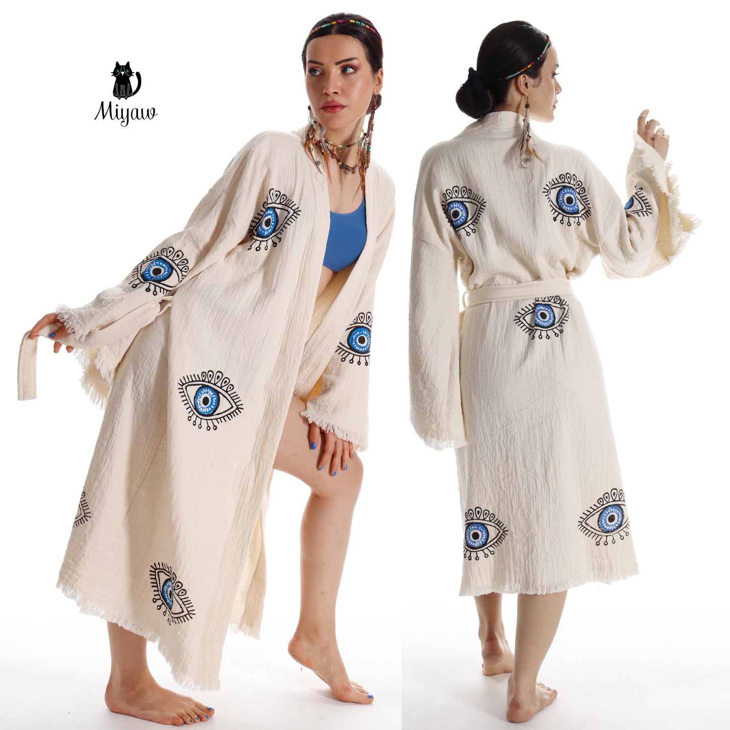 Organic Cotton Boho Beach Kimono Robe with Blue Eye Stamping - Miyawfashion Miyawfashion