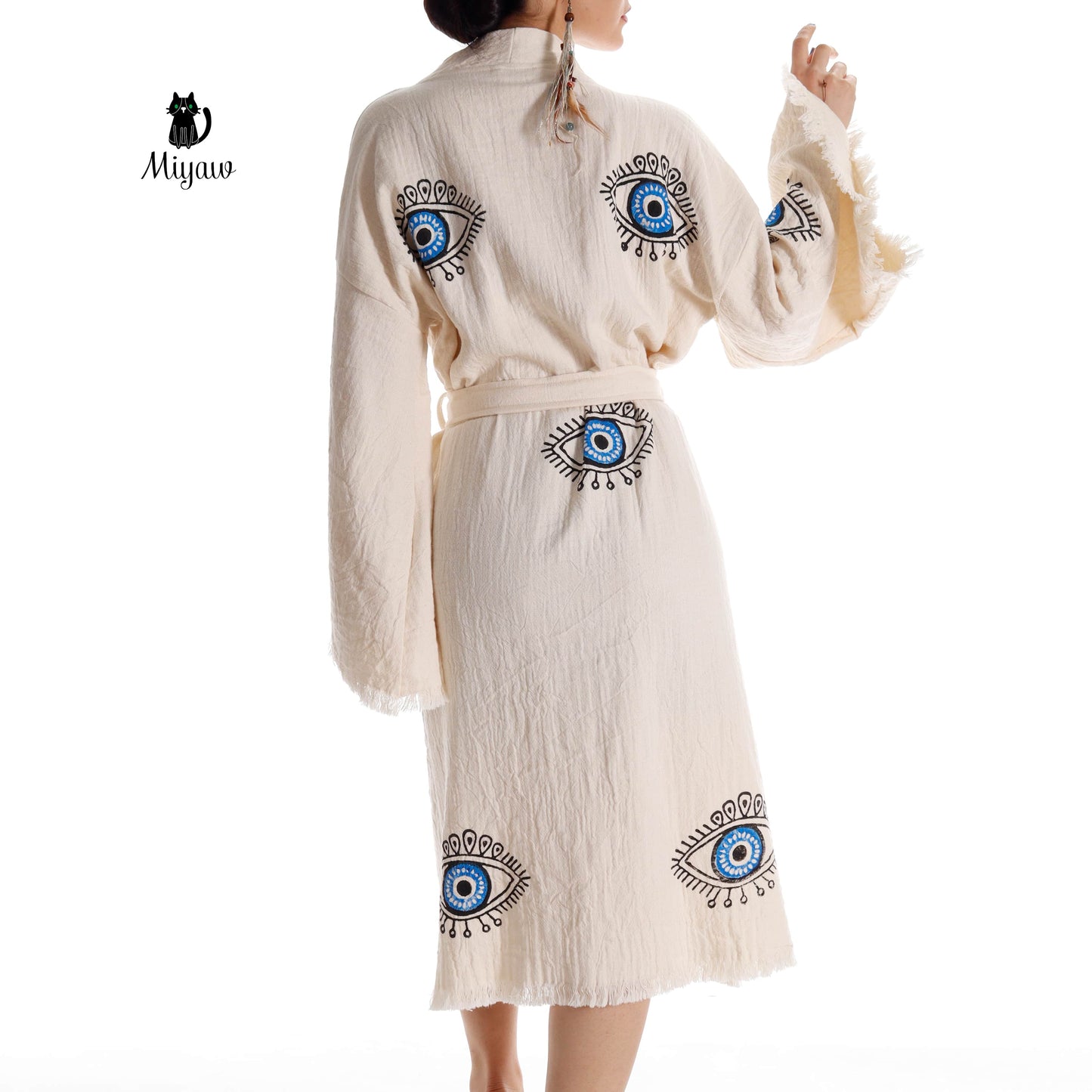 Organic Cotton Boho Beach Kimono Robe with Blue Eye Stamping - Miyawfashion Miyawfashion