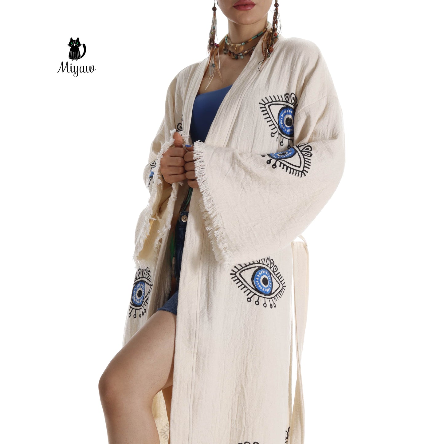 Organic Cotton Boho Beach Kimono Robe with Blue Eye Stamping - Miyawfashion Miyawfashion