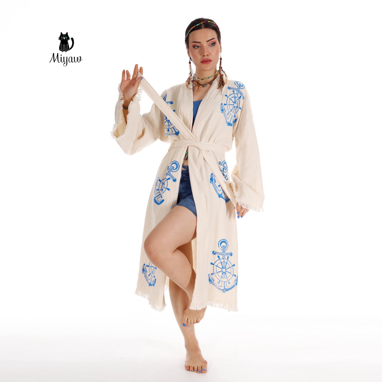 Organic Cotton Nautical Anchor Beach Kimono Robe for Ocean Lovers - Miyawfashion Miyawfashion