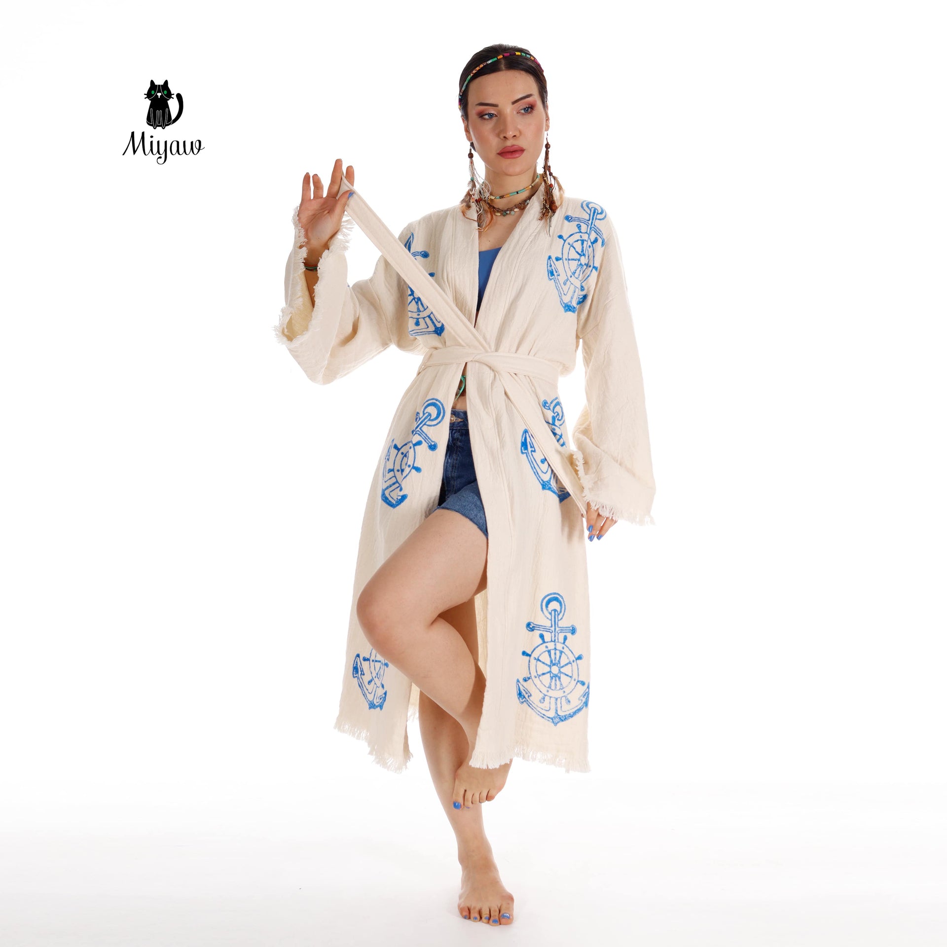 Organic Cotton Nautical Anchor Beach Kimono Robe for Ocean Lovers - Miyawfashion